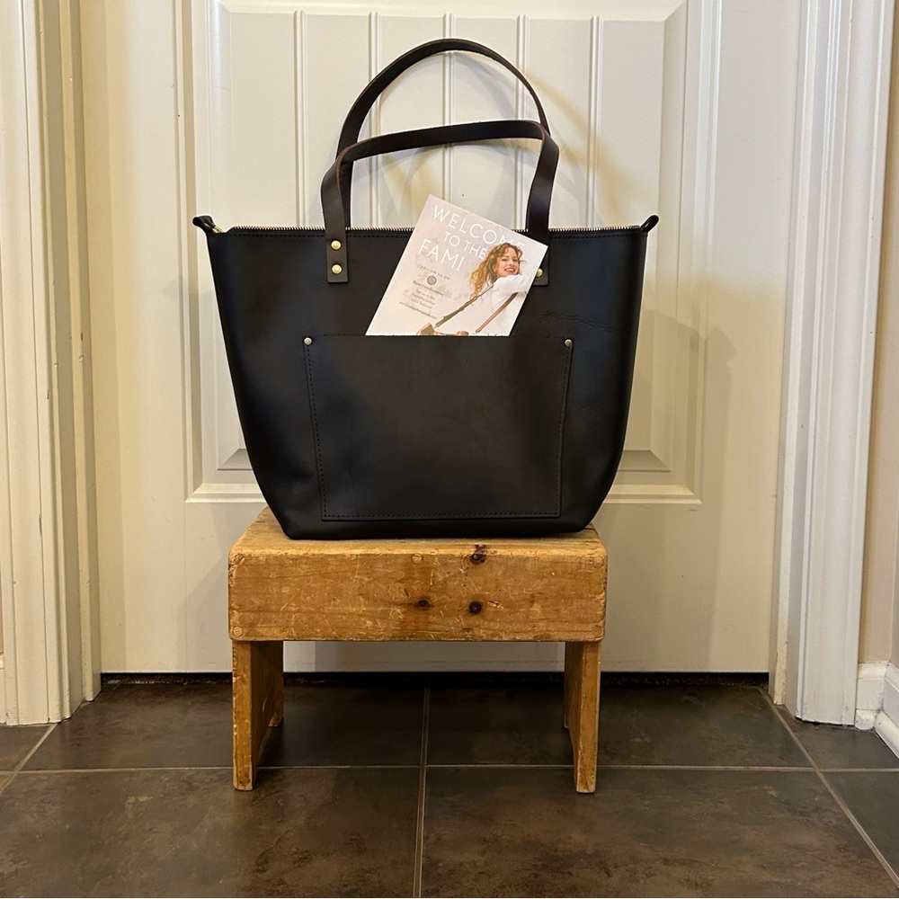 Portland Leather Goods Large Zipper Tote; Black w/ grizzly handles -Brand New